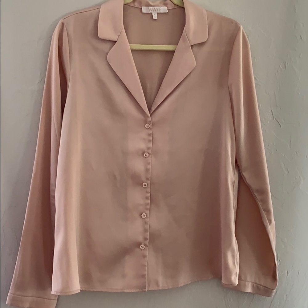 WAYF Silk/Satin Pajama-Style Button Down Blouse